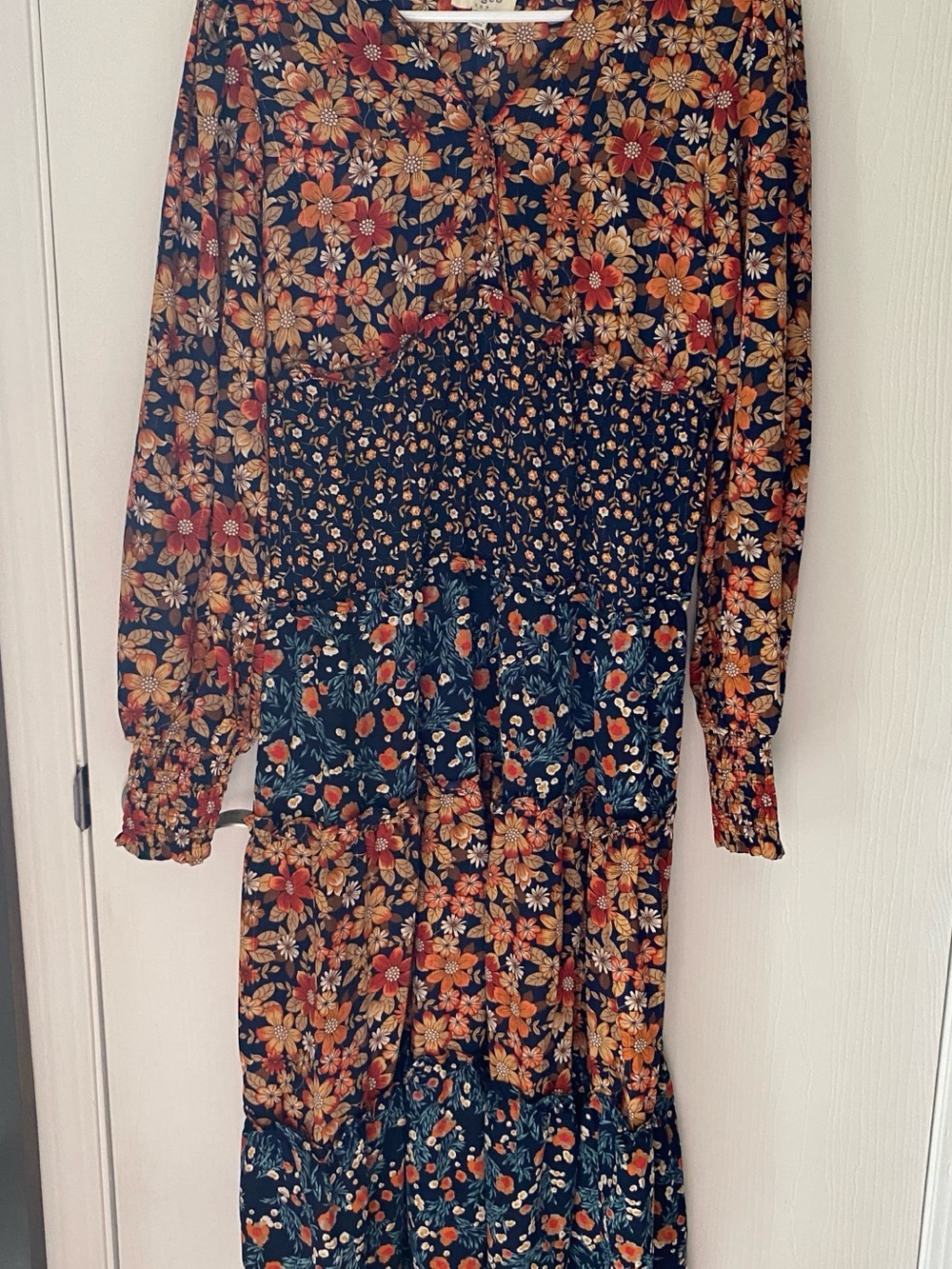 UMGEE Floral Tiered Midi Dress Small Mixed Print Boho Long Sleeve